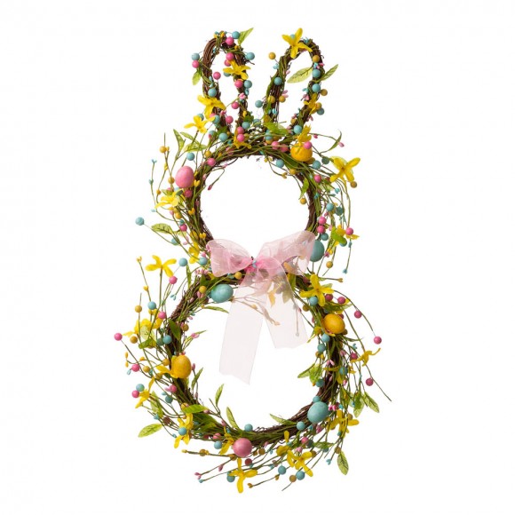 glitzhome Glitzhome 24.5"H Easter Bunny Shaped Wreath with Eggs & Pink Satin Ribbon Bow