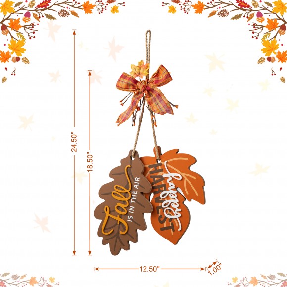 Glitzhome Glitzhome 24.5"H Fall Wooden Maple Leaves With Bowknot Door Hanger