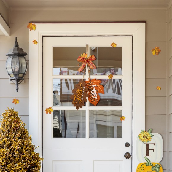 Glitzhome Glitzhome 24.5"H Fall Wooden Maple Leaves With Bowknot Door Hanger