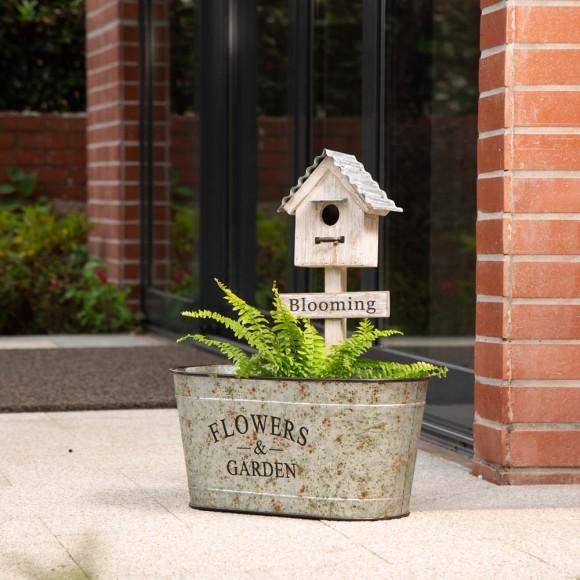 Glitzhome Glitzhome 24.5"H Farmhouse Galvanized Metal Outdoor Plant Stand With A Birdhouse Décor