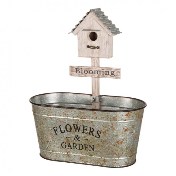 glitzhome Glitzhome 24.5"H Farmhouse Galvanized Metal Outdoor Plant Stand with a Birdhouse Décor
