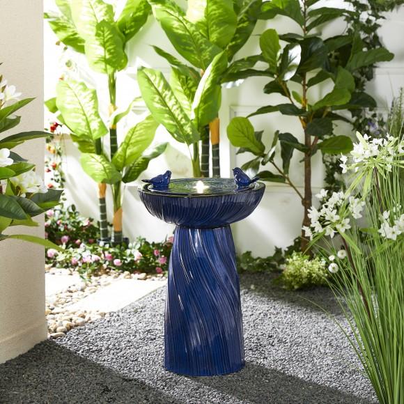 Glitzhome Glitzhome 24.75"H Cobalt Blue Twist Textured Birdbath Ceramic Outdoor Floor Fountain With Two Birds Pump And LED Light (KD)
