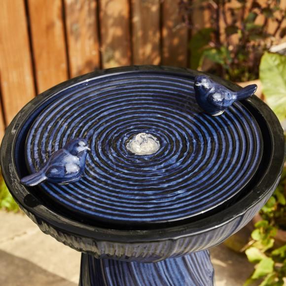 Glitzhome Glitzhome 24.75"H Cobalt Blue Twist Textured Birdbath Ceramic Outdoor Floor Fountain With Two Birds Pump And LED Light (KD)