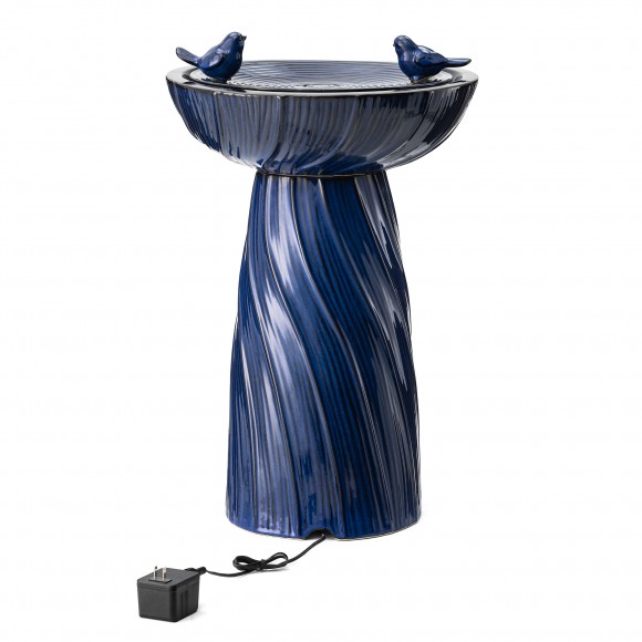 Glitzhome Glitzhome 24.75"H Cobalt Blue Twist Textured Birdbath Ceramic Outdoor Floor Fountain With Two Birds Pump And LED Light (KD)