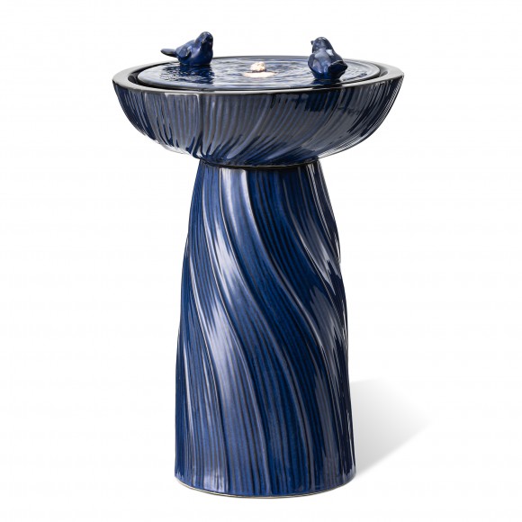 glitzhome Glitzhome 24.75"H Cobalt Blue Twist Textured Birdbath Ceramic Outdoor Floor Fountain with Two Birds Pump and LED Light (KD)