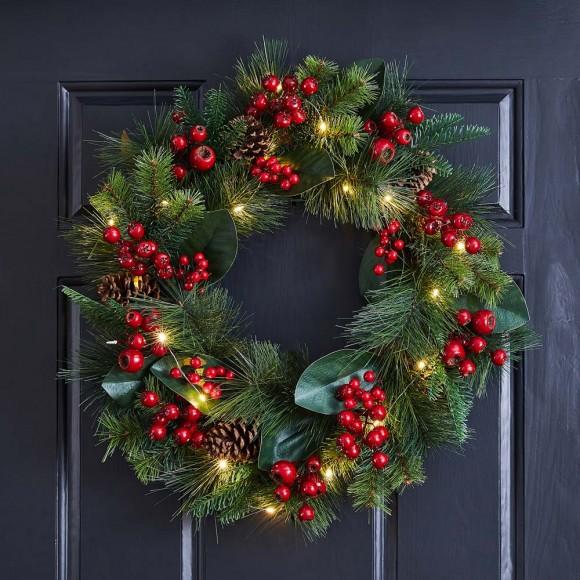 Glitzhome Glitzhome 24"D Berry Magnolia Leaf Pinecone Wreath With Lights