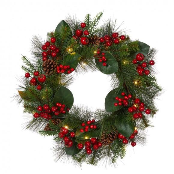 glitzhome Glitzhome 24"D Berry Magnolia Leaf Pinecone Wreath With Lights