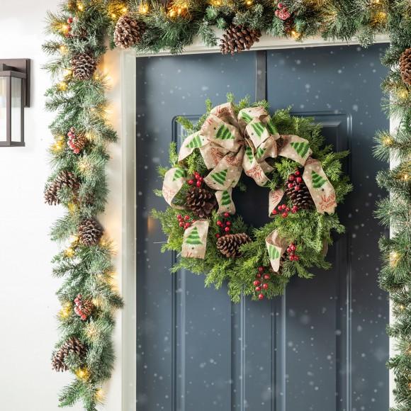 Glitzhome Glitzhome 24"D Cypress Leaves Pinecone With Bowknot Ribbon Wreath