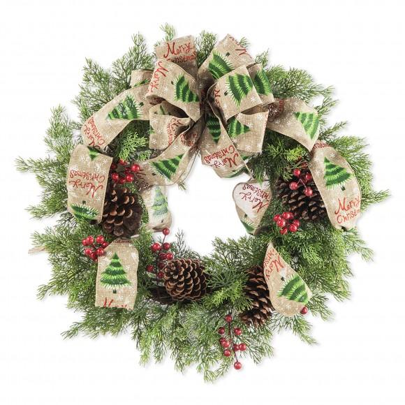 glitzhome Glitzhome 24"D Cypress Leaves Pinecone With Bowknot Ribbon Wreath