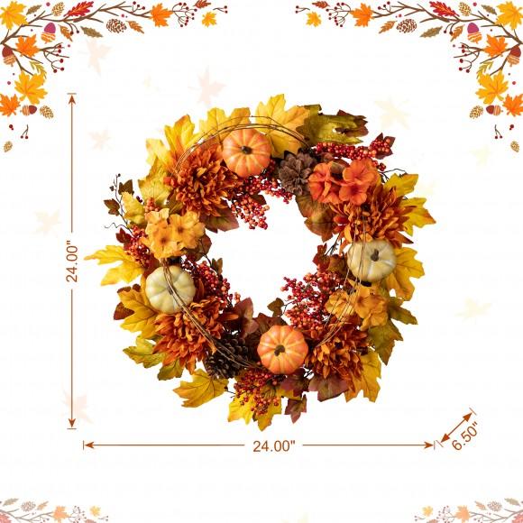 Glitzhome Glitzhome 24"D Fall Dahlia Pumpkin Leaf And Berry Wreath