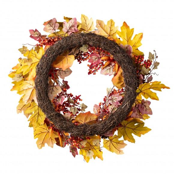 Glitzhome Glitzhome 24"D Fall Dahlia Pumpkin Leaf And Berry Wreath