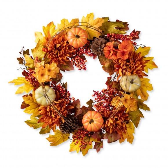 glitzhome Glitzhome 24"D Fall Dahlia Pumpkin Leaf and Berry Wreath