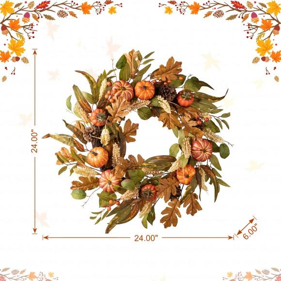 Glitzhome Glitzhome 24"D Fall Pumpkin Leaf Floral Wreath