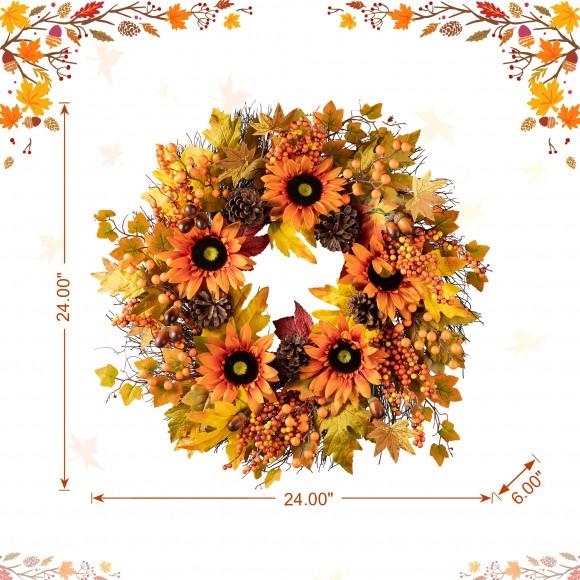Glitzhome Glitzhome 24"D Fall Sunflower Maple Leaf And Berry Wreath