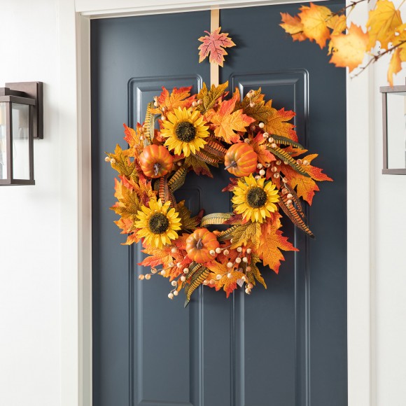Glitzhome Glitzhome 24"D Fall Sunflower Pumpkin Leaf Wreath