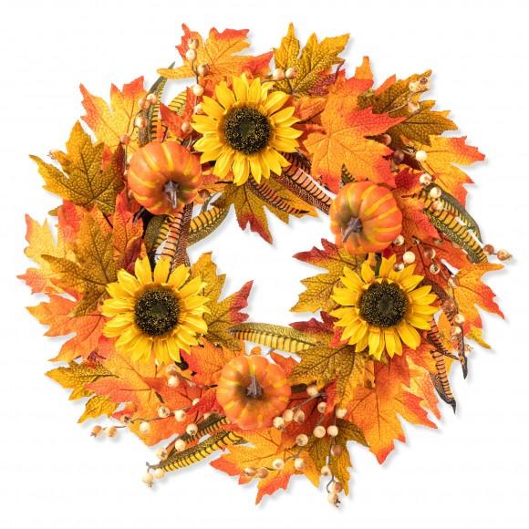 glitzhome Glitzhome 24"D Fall Sunflower Pumpkin Leaf Wreath