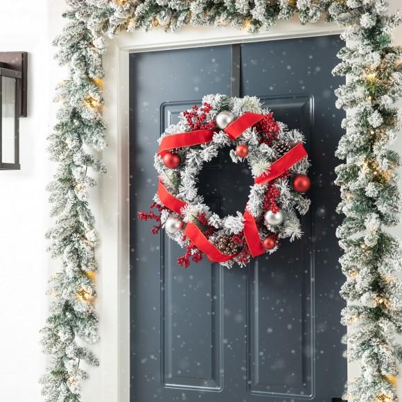 Glitzhome Glitzhome 24"D Flocked Berry Pinecone Ribbon Wreath