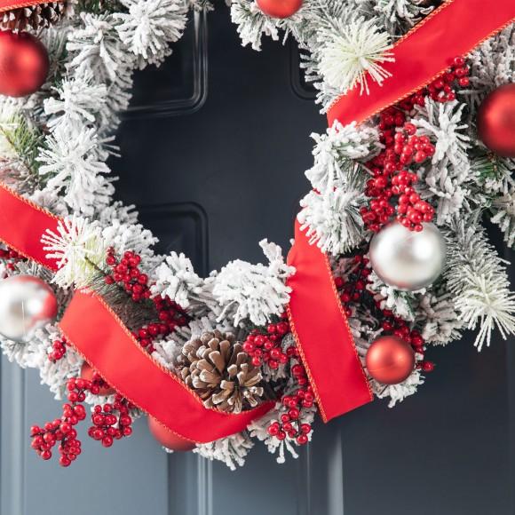 Glitzhome Glitzhome 24"D Flocked Berry Pinecone Ribbon Wreath