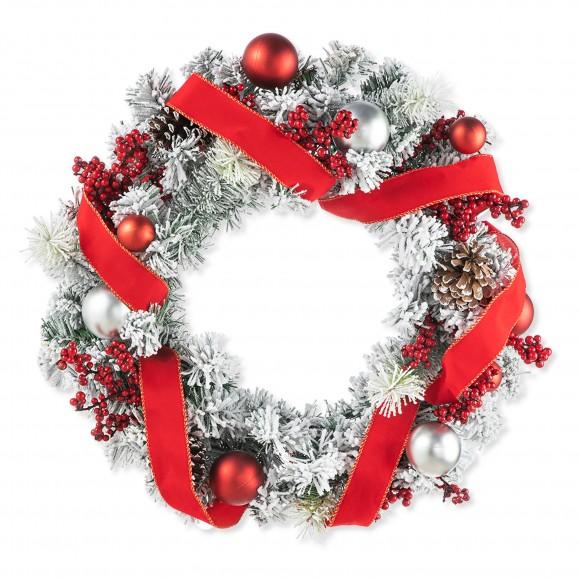 glitzhome Glitzhome 24"D Flocked Berry Pinecone Ribbon Wreath