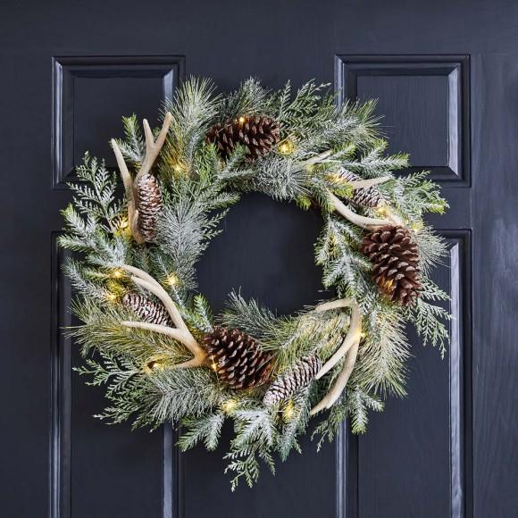 Glitzhome Glitzhome 24"D Flocked Pinecone & Antler Wreath With Lights ( Timer Included )