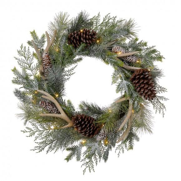 glitzhome Glitzhome 24"D Flocked Pinecone & Antler Wreath With Lights ( Timer Included )