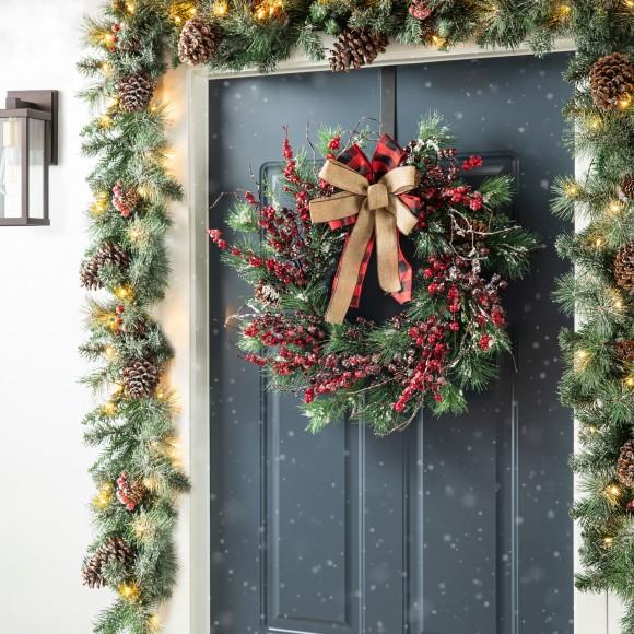 Glitzhome Glitzhome 24"D Frosted Berry Pine With Bowknot Wreath