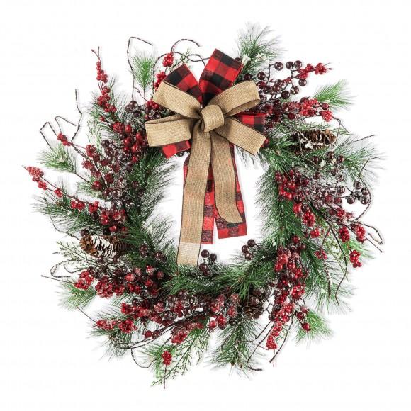 glitzhome Glitzhome 24"D Frosted Berry Pine with Bowknot Wreath