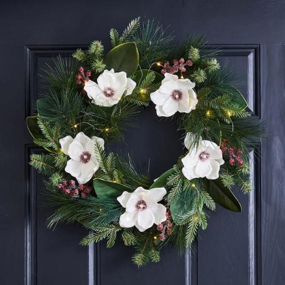 Glitzhome Glitzhome 24"D Iced Magnolia Berry Pine Wreath With Lights