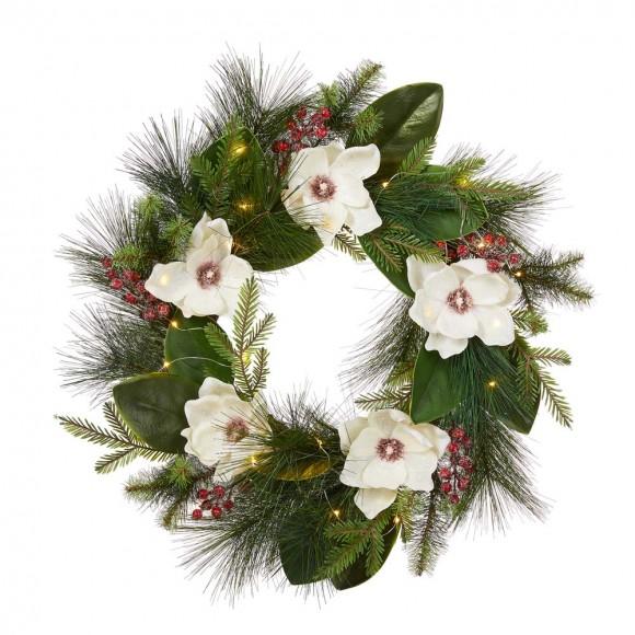 glitzhome Glitzhome 24"D Iced Magnolia Berry Pine Wreath With Lights