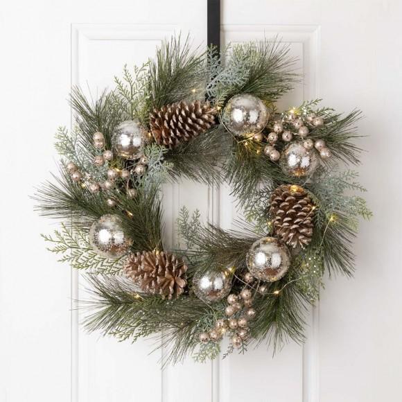 Glitzhome Glitzhome 24"D LED Pre-Lit Greenery Berry Holly Pine Cone Silver Ornament Wreath
