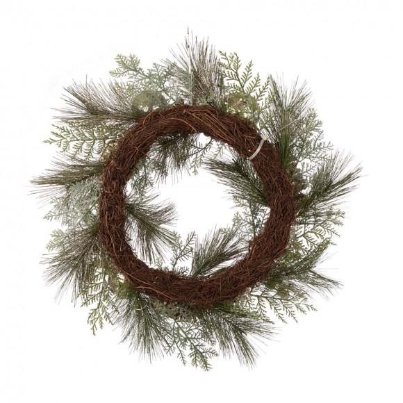 Glitzhome Glitzhome 24"D LED Pre-Lit Greenery Berry Holly Pine Cone Silver Ornament Wreath