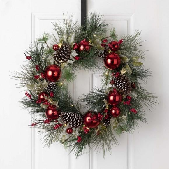 Glitzhome Glitzhome 24“D LED Pre-Lit Greenery Berry Holly Pine Cone Red Ornament Wreath