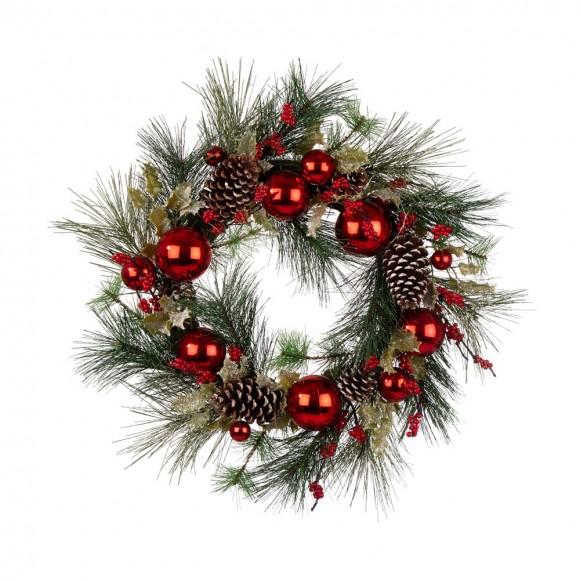 Glitzhome Glitzhome 24“D LED Pre-Lit Greenery Berry Holly Pine Cone Red Ornament Wreath