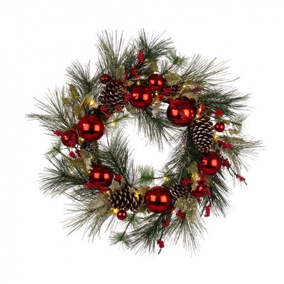 glitzhome Glitzhome 24“D LED Pre-Lit Greenery Berry Holly Pine cone Red Ornament Wreath
