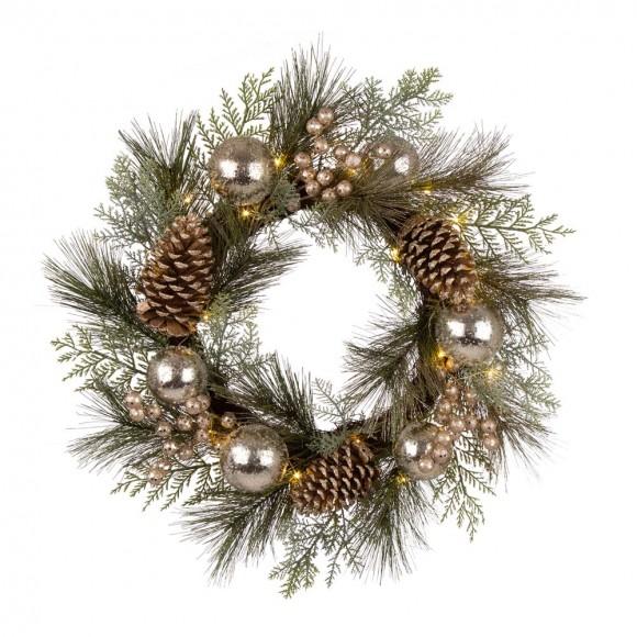 glitzhome Glitzhome 24"D LED Pre-Lit Greenery Berry Holly Pine cone Silver Ornament Wreath