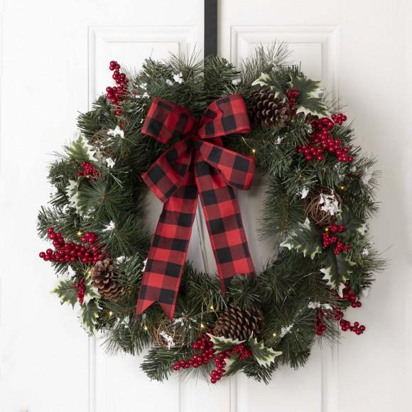 Glitzhome Glitzhome 24"D LED Pre-Lit Greenery Buffalo Bow Berry Holly Pine Cone Rattan Ornament Wreath ( Timer Included)