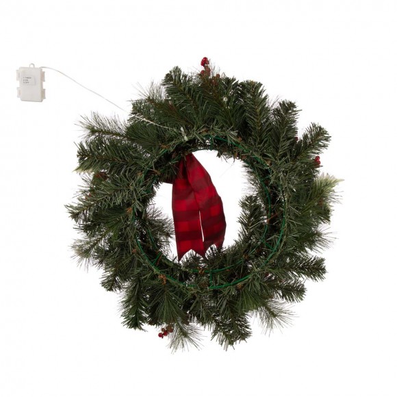 Glitzhome Glitzhome 24"D LED Pre-Lit Greenery Buffalo Bow Berry Holly Pine Cone Rattan Ornament Wreath ( Timer Included)