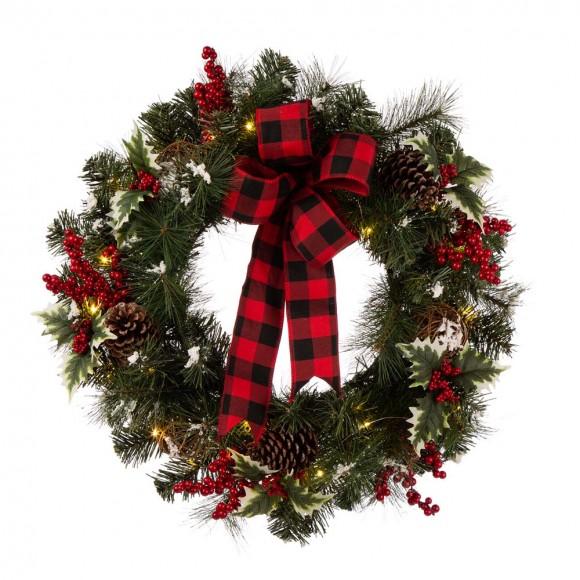 glitzhome Glitzhome 24"D LED Pre-Lit Greenery Buffalo Bow Berry Holly Pine cone Rattan Ornament Wreath ( Timer Included)