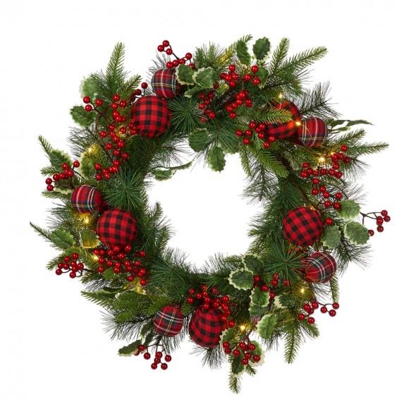 glitzhome Glitzhome 24"D Ornament Berry Holly Pine Wreath With Lights