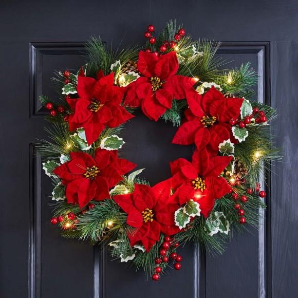 Glitzhome Glitzhome 24"D Poinsettia Pinecone Wreath With Lights