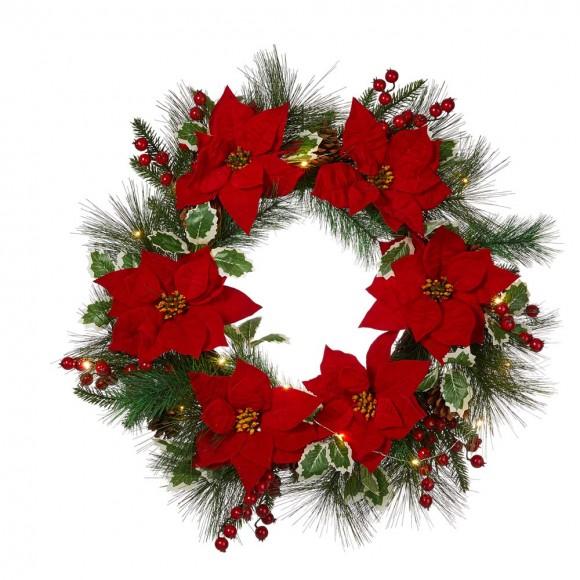 glitzhome Glitzhome 24"D Poinsettia Pinecone Wreath With Lights