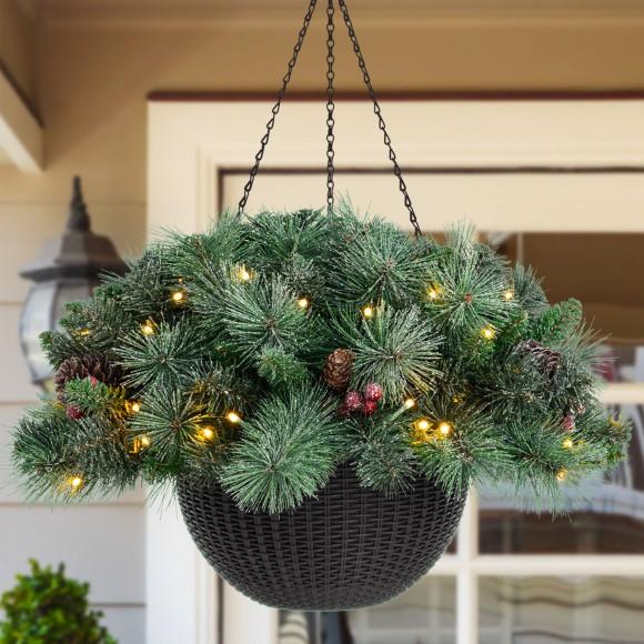 Glitzhome Glitzhome 24"D Pre-Lit Frosted Christmas Artificial Pinecone Hanging Basket With 50 Warm White Lights And Timer