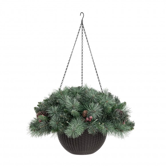 Glitzhome Glitzhome 24"D Pre-Lit Frosted Christmas Artificial Pinecone Hanging Basket With 50 Warm White Lights And Timer