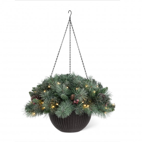 glitzhome Glitzhome 24"D Pre-Lit Frosted Christmas Artificial Pinecone Hanging Basket with 50 Warm White Lights and Timer