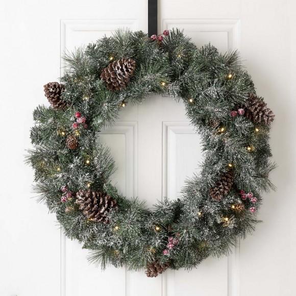 Glitzhome Glitzhome 24"D Pre-Lit Glittered Pine Cone Christmas Wreath With Warm White LED Light