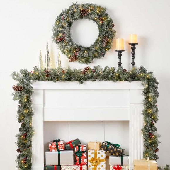 Glitzhome Glitzhome 24"D Pre-Lit Glittered Pine Cone Christmas Wreath And Matched 2pk 9ft. Garland Set