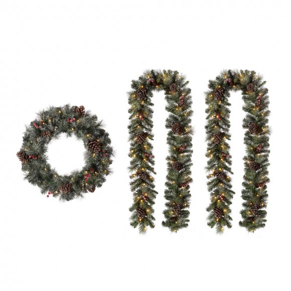 glitzhome Glitzhome 24"D Pre-Lit Glittered Pine Cone Christmas Wreath and Matched 2pk 9ft. Garland Set