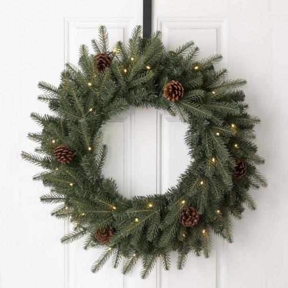 Glitzhome Glitzhome 24"D Pre-Lit Greenery Pine Cone Christmas Wreath With Warm White LED Light