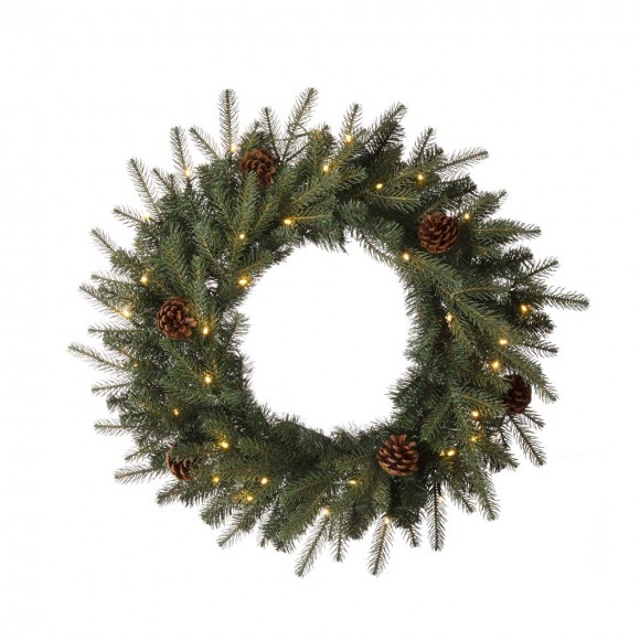 glitzhome Glitzhome 24"D Pre-Lit Greenery Pine Cone Christmas Wreath with Warm White LED Light