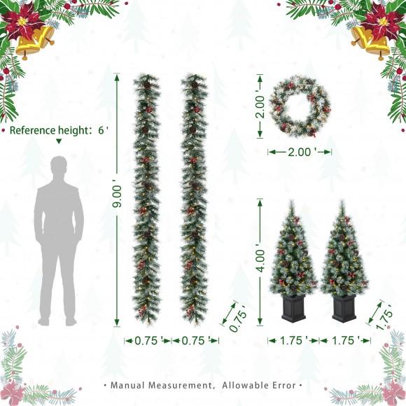 Glitzhome Glitzhome 24"D Pre-Lit Pinecones And Red Berries Artificial Christmas Wreath And Matched 2PK 9ft Garland Set And 2PK 4FT Porch Tree Set (Set Of 5）